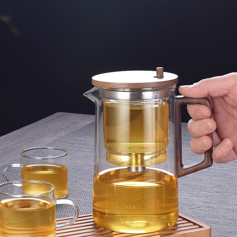 全玻璃内胆飘逸杯木手把泡茶壶沏茶杯按压式茶壶茶水分离茶具配件