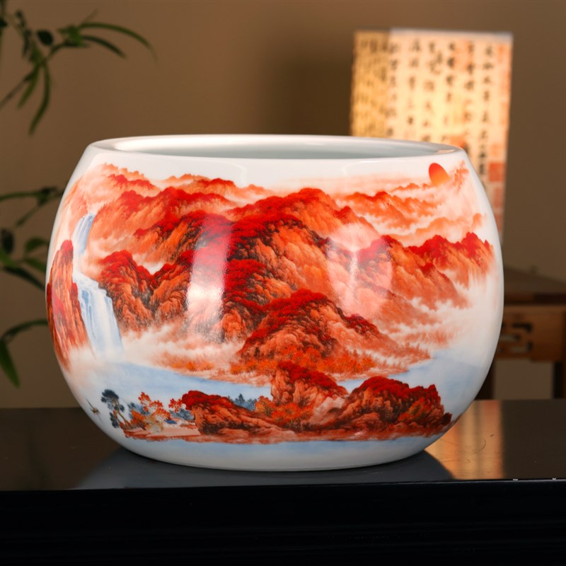 龙腾柴窑景德镇陶瓷器大师手绘鸿运当头粉彩聚宝盆摆件家居办公
