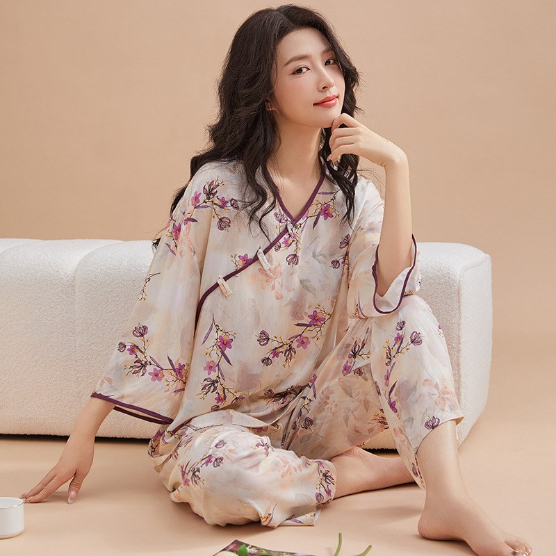 女士中国风唐装东方绸睡衣女款棉球七分袖长裤棉绸东风尼面稠套装