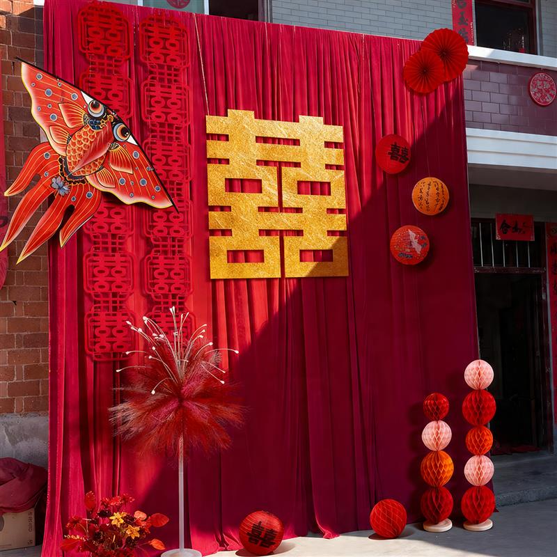 婚房布置套装农村结婚自建房大门口氛围拍照道具中式布幔装饰套装