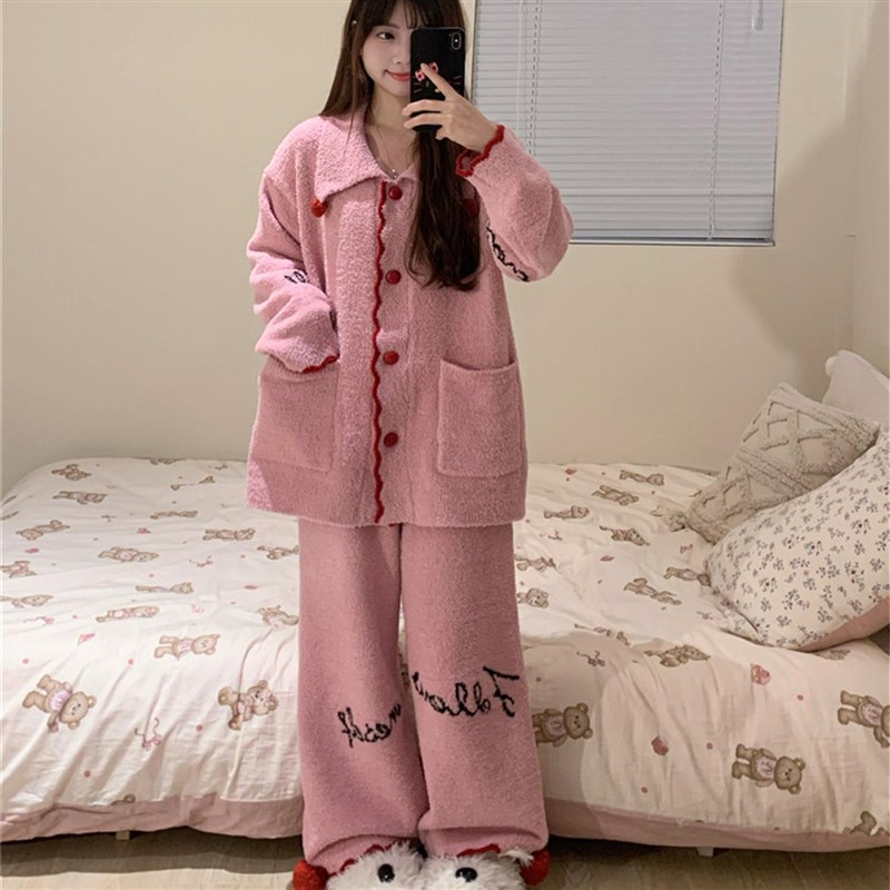 半边绒睡衣女秋冬款加绒加厚针织可外穿大码珊瑚绒家居服韩版套装