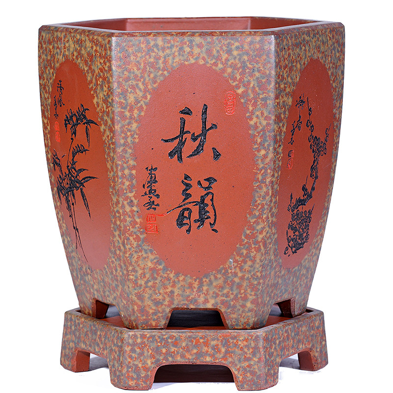 精品紫砂花盆六方兰草盆吊兰君子兰带托盘室内陶瓷花盆兰花专用盆