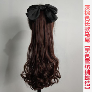 时尚蝴蝶结马尾插梳款长卷发抓夹大波浪梨花卷绑带式梳式假发马尾