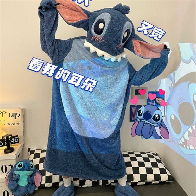 史迪奇睡衣秋冬2024年新款可爱男女加绒加厚睡袍珊瑚绒家居服套装