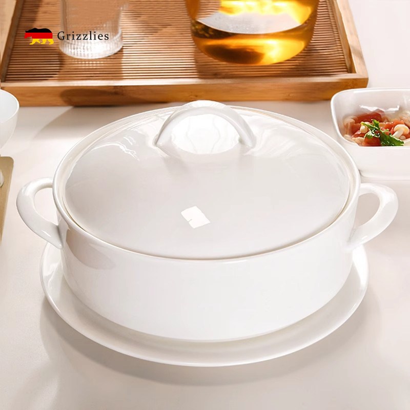 景德镇骨瓷8英寸双耳汤碗带盖可微波家用带盖子汤盆大号陶瓷餐具