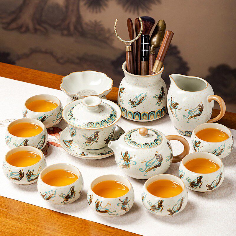 敦煌飞天汝窑功夫茶具套装轻奢高档泡茶壶盖碗喝茶杯专用2026新款