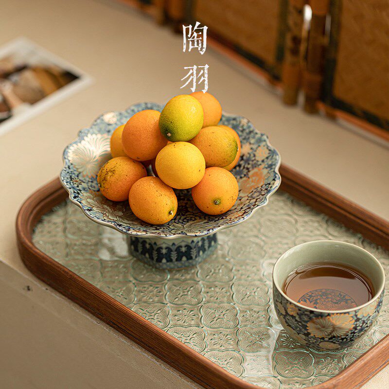 汝窑繁花茶点盘果盘高脚盘点心水果中式高足供佛糕点陶瓷果篮碗碟
