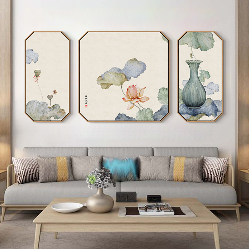 荷花新中式客厅装饰画三联组合沙发背景墙挂画书房茶室中国风壁画