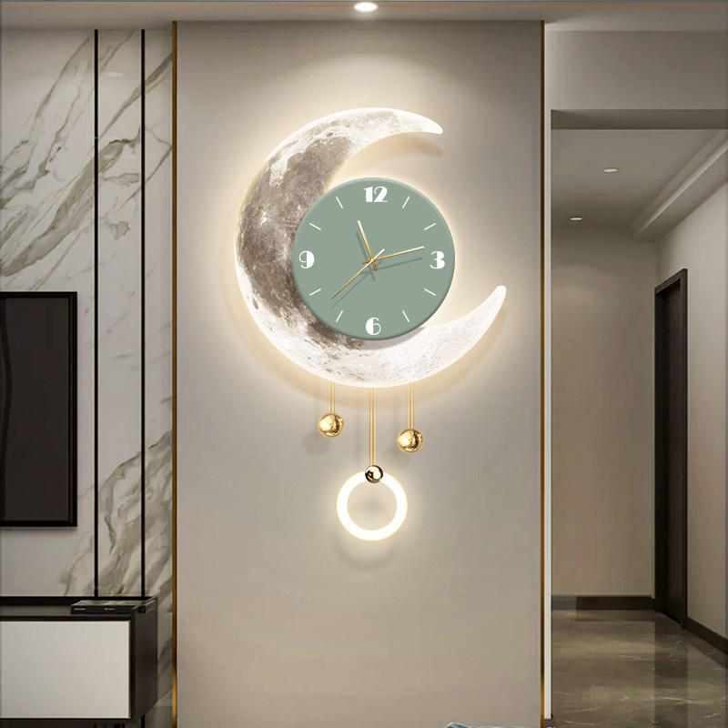 轻奢客厅钟表挂画电视背景墙格栅创意时钟壁灯画餐厅月球发光挂钟