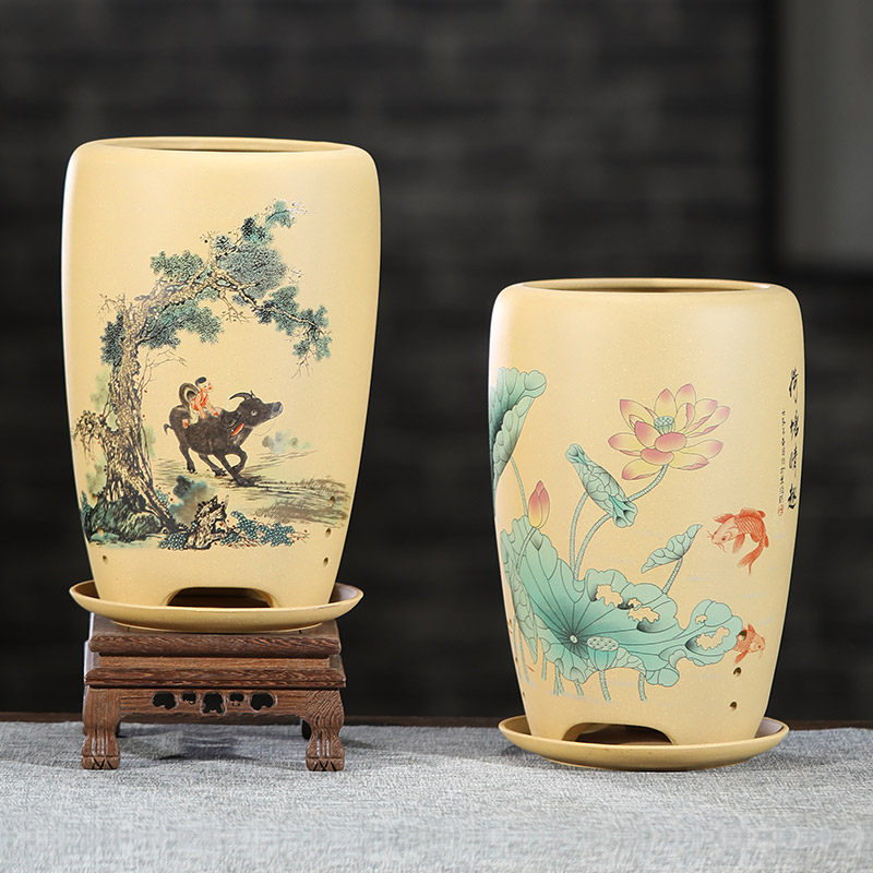 紫砂兰花盆带托盘彩绘艺术创意花盆绿植春兰蕙兰老桩悬崖盆中国风