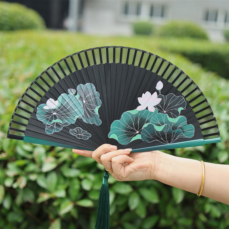高档扇子牡丹花古风折扇夏天便携喷绘女式汉服旗袍专用舞蹈扇定制