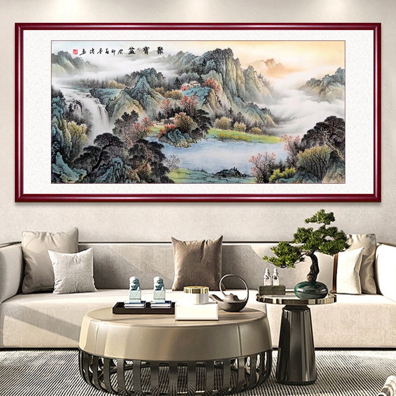 手绘真迹山水画客厅挂画聚宝盆风水画国画新中式字画办公室装饰画