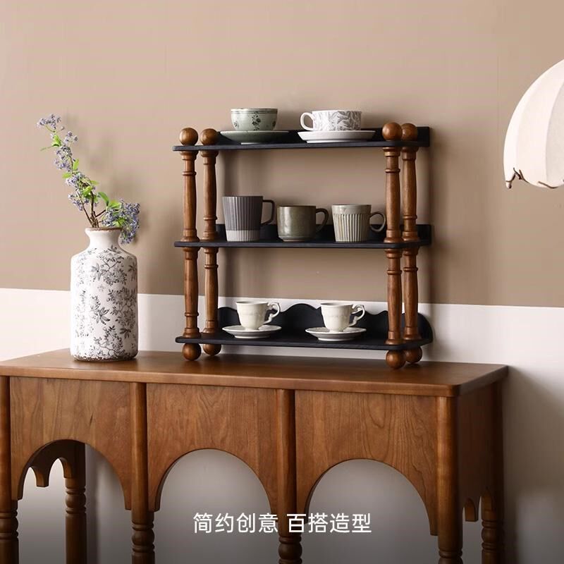 法式复古多层收纳架桌面实木中古置物架壁挂摆件展示架子