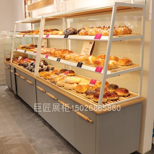 面包展示柜实木中岛柜玻璃边柜实木铁艺蛋糕店商用模型柜陈列货架