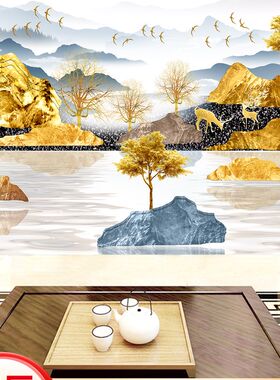 背靠日照金山3d立体壁画中式山水5d电视背景墙壁布8d客厅装饰墙布
