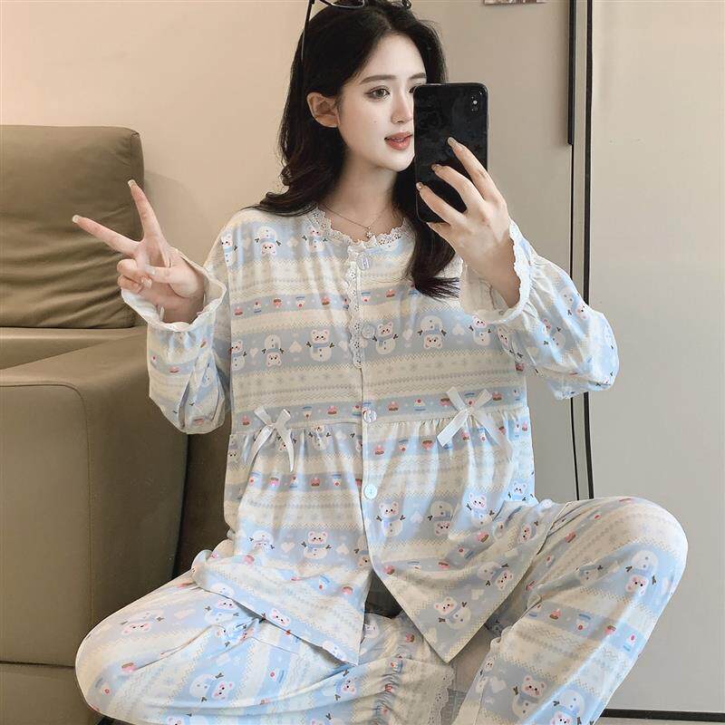 自带胸垫月子服夏季薄款长袖收口孕妇哺乳睡衣春秋家居服喂奶套装