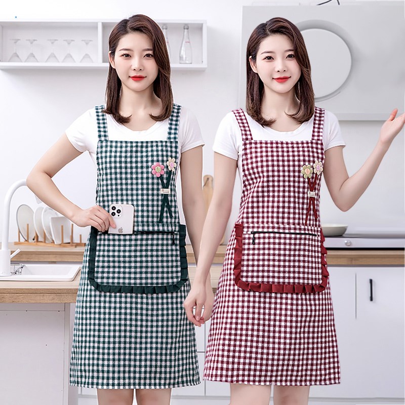 韩版女士时尚加厚棉布围裙家用厨房做饭上班工作透气格子背带围腰