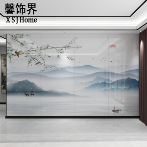 馨饰界客厅新中式现代山水墨电视墙面岩板背景墙海纳百川旭日东升