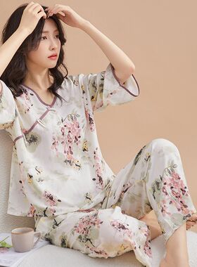 女士中国风唐装东方绸睡衣女款棉球七分袖长裤棉绸东风尼面稠套装