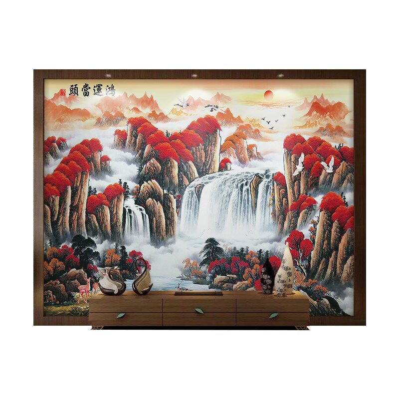 新中式壁布鸿运当头山水画3D墙布壁画沙发8D电视背景墙墙布壁画