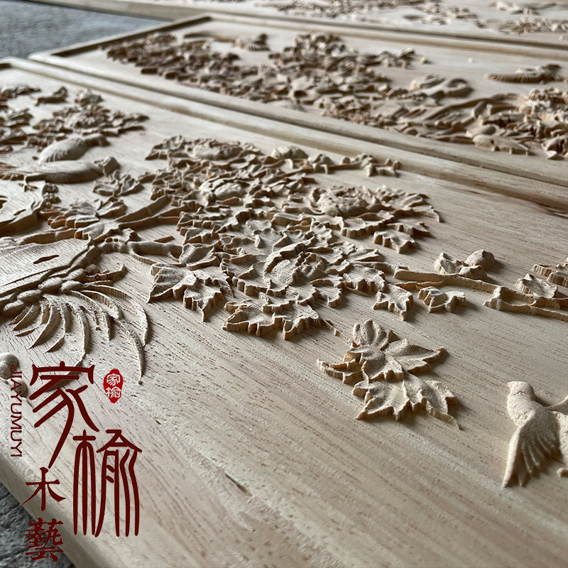 东阳木雕实木中式仿古花鸟花背景墙门楣装饰浮雕方形隔断屏风定制