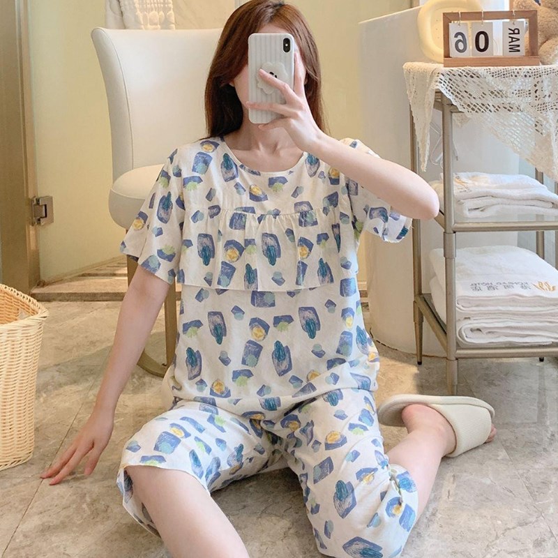 女士防凸点棉绸睡衣薄款短袖五分裤套装夏季人造绵绸空调服家居服