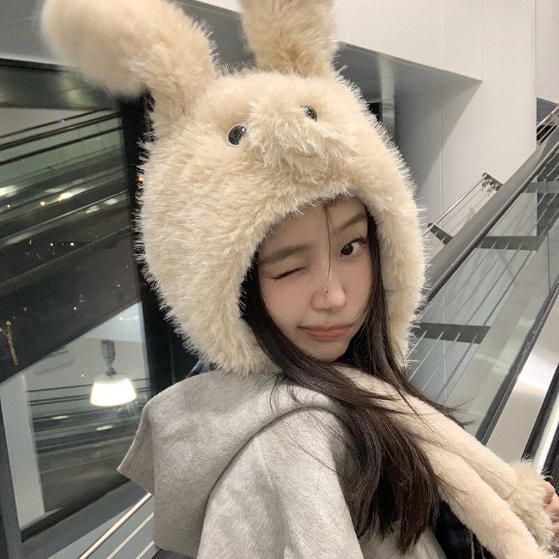 毛茸茸~耳朵会动可爱小兔毛绒帽女冬季加厚保暖御寒护耳雷锋帽