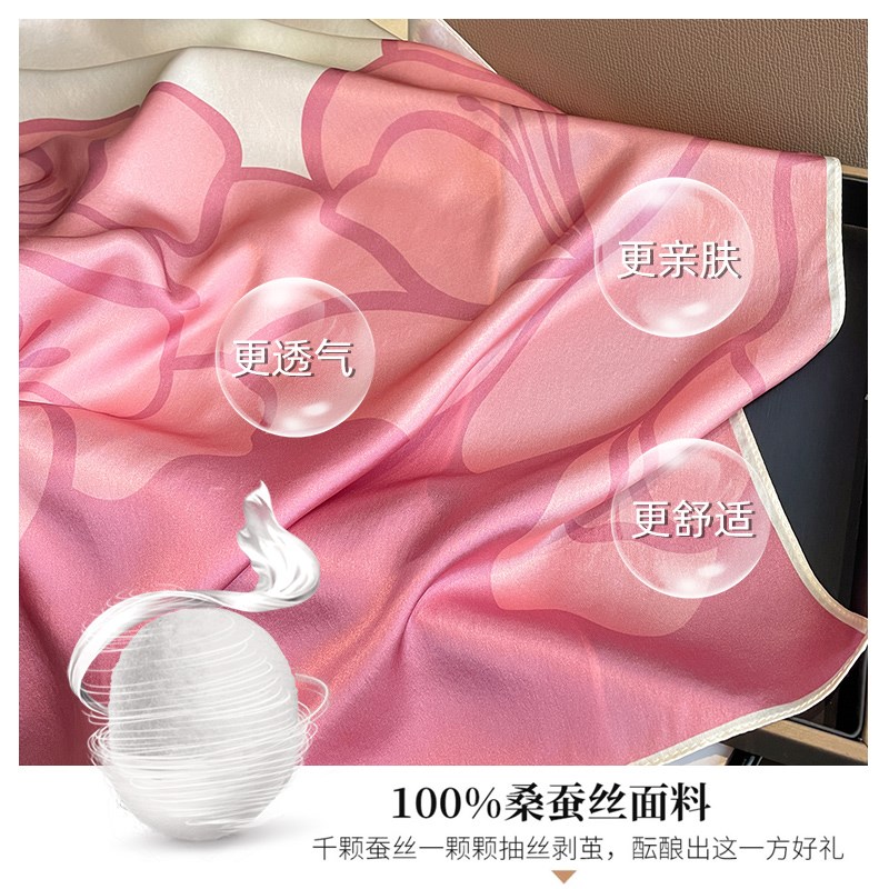 杭州丝绸女春秋百搭粉色百合花70中大方巾真丝围巾薄款桑蚕丝丝巾