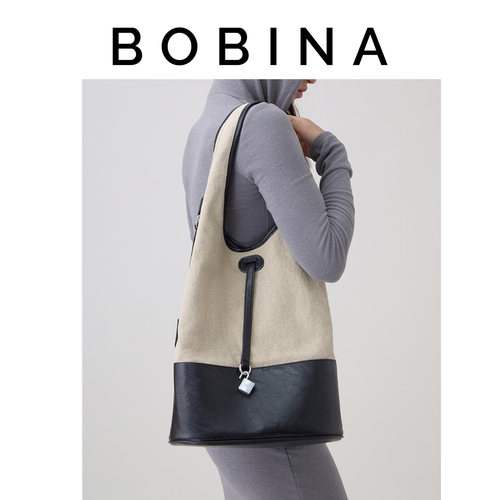 BOBINA麻料拼皮大容量通勤单肩包