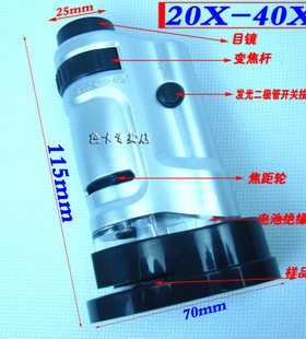 带光源20X-40X倍变焦迷你袖珍显微镜  带滑板 20倍 40倍