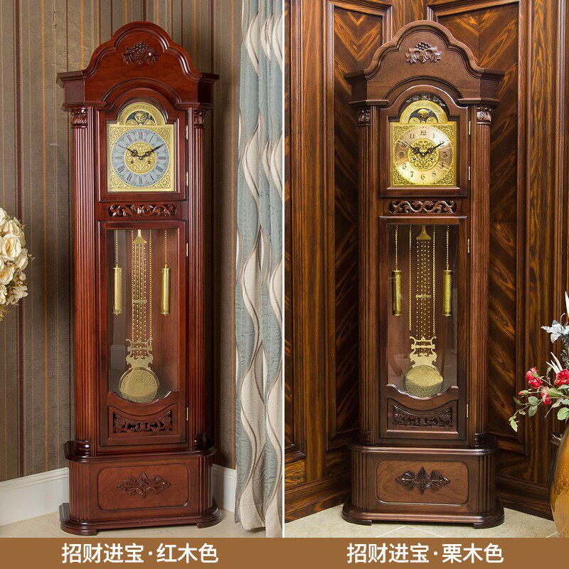 落地钟 实木手工雕刻复古简约欧式机械钟现代新中式客厅报时座钟