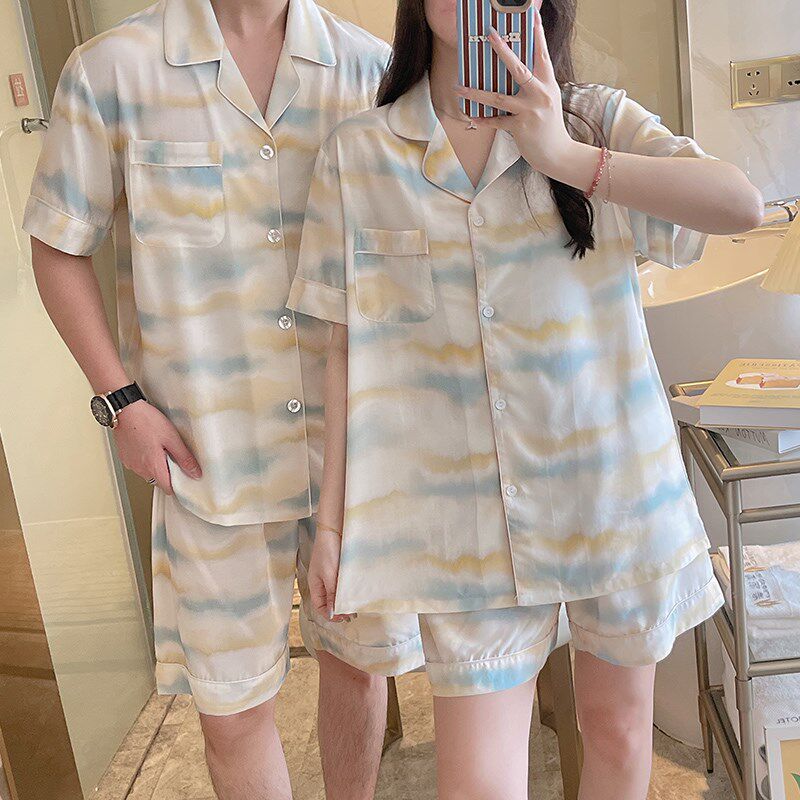 开衫情侣睡衣女夏空调服人棉家居服棉绸男士可外穿短袖绵绸套装薄