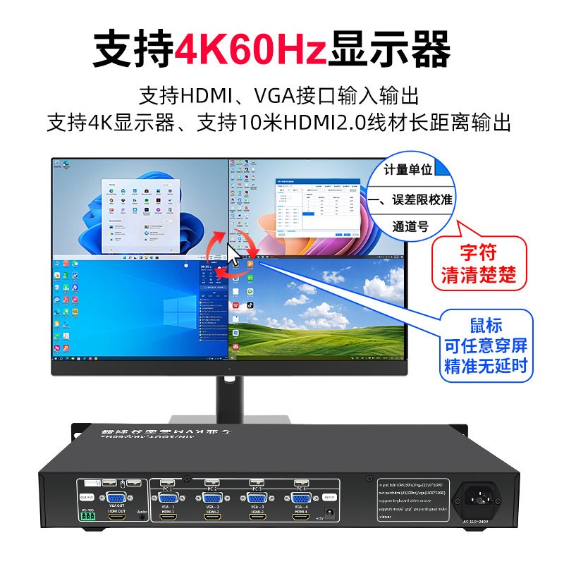 4k专业kvm画面分割器4进1出工程项目1U机箱款hdmi/vga电脑分屏器