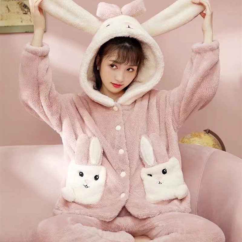 珊瑚绒睡衣女超可爱兔子卡通家居服秋冬保暖加绒加厚套装家居服