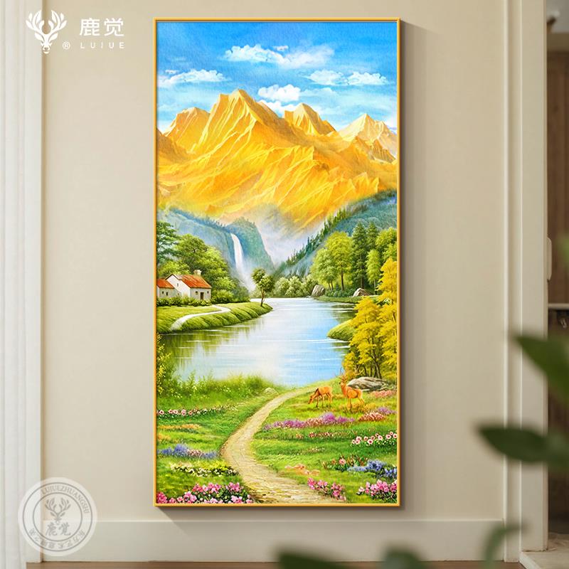 金山聚宝盆山水画玄关竖版挂画高级感墙上装饰画客厅入户门风景画