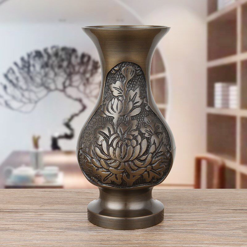 纯铜花瓶摆件客厅插花牡丹观音竹花瓶大口径轻奢供佛堂富贵竹花瓶