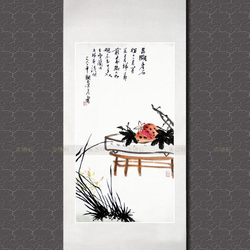 纯手绘国画仿名人字画名家潘天寿条幅禅意水墨兰花石榴图花鸟挂画