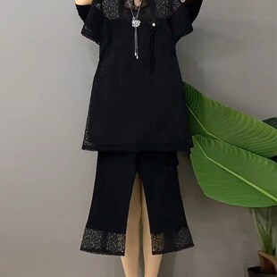 胖妹妹中长款短袖蕾丝上衣夏季新款洋气大码女装打底休闲裤两件套