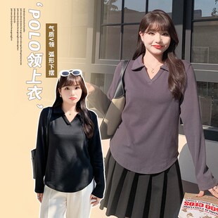 热辣上衣大码mm胖潮酷秋装POLO领女装宽松遮肚胖妹妹弹力针织衬衫
