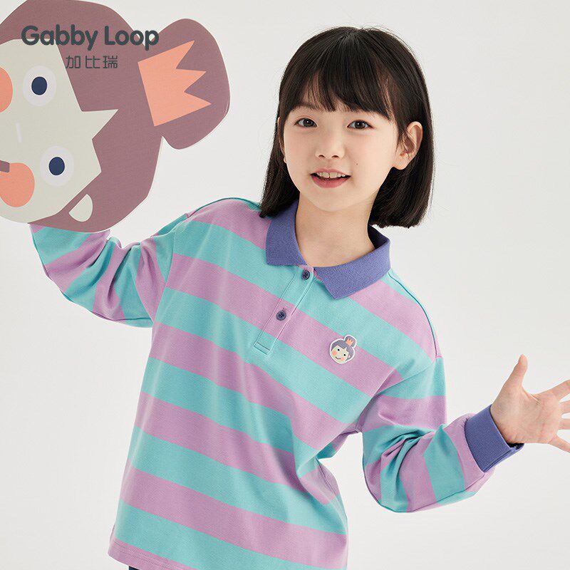 加比瑞童装 秋季新品 女童长袖条纹简约舒适T恤衫中大童POLO