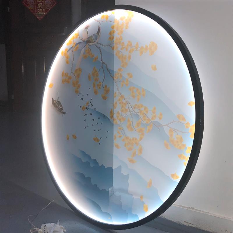 定制玉砂边框双面半透明纱布画屏风玄关隔断画心软装修饰设计中式