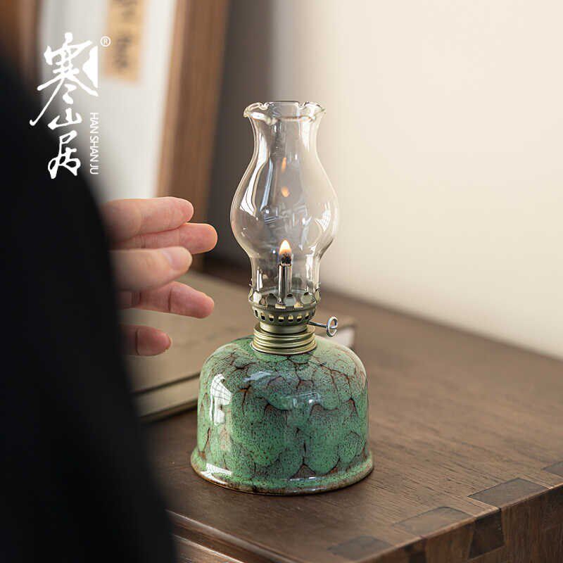寒山居复古陶瓷酥油灯结婚喜庆灯老式油煤油灯怀旧玻璃灯罩野营灯