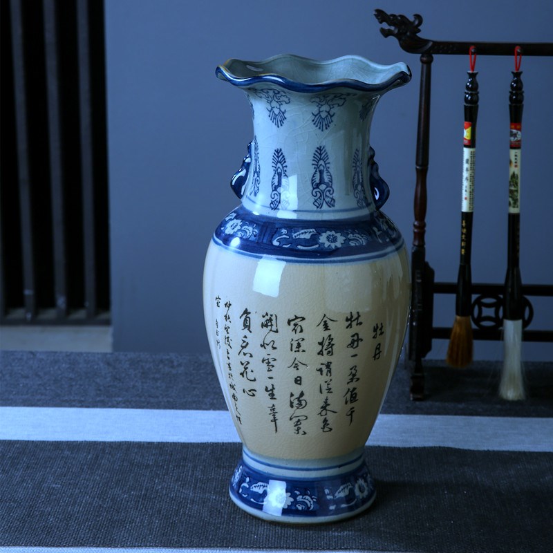 景德镇陶瓷器富贵牡丹花瓶仿古裂纹釉新中式大瓷瓶客厅电视柜摆件