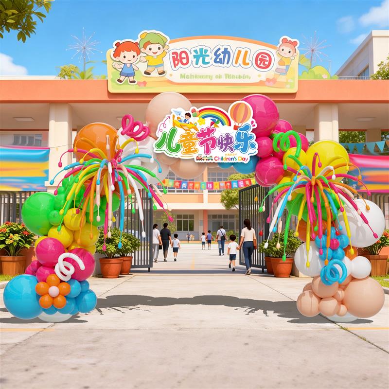 幼儿园六一儿童节活动学校门口气球拱门运动会开幕式装饰场景布置
