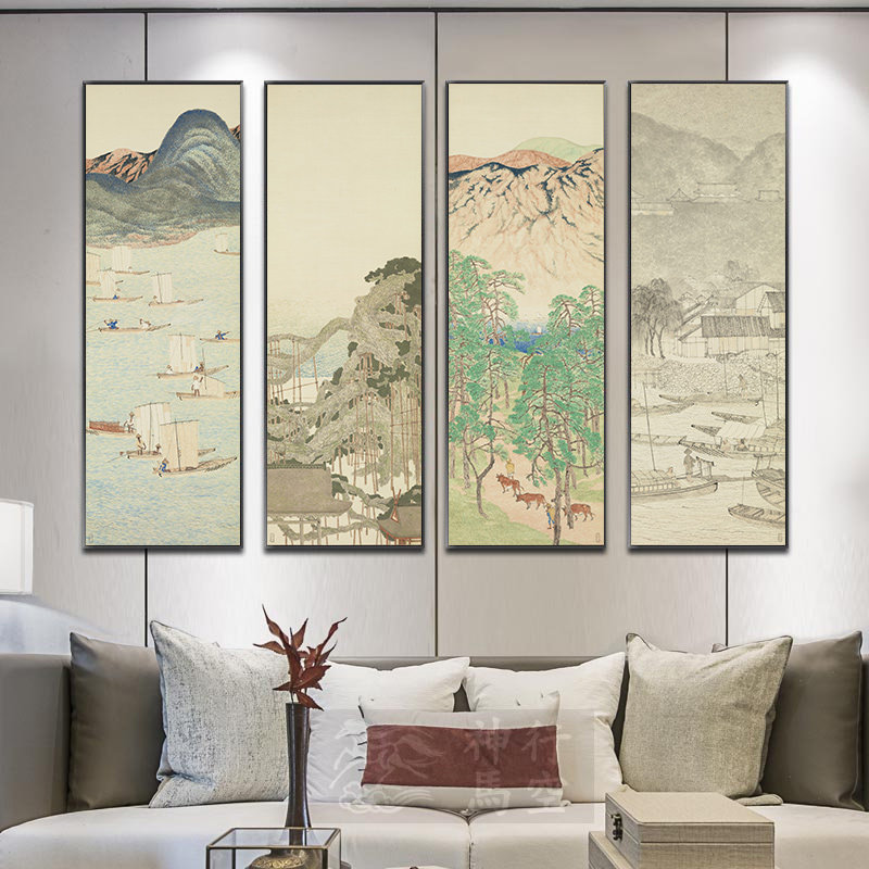 新中式山水装饰画现代水墨画竖条屏四联古风挂画客厅茶室背景墙画