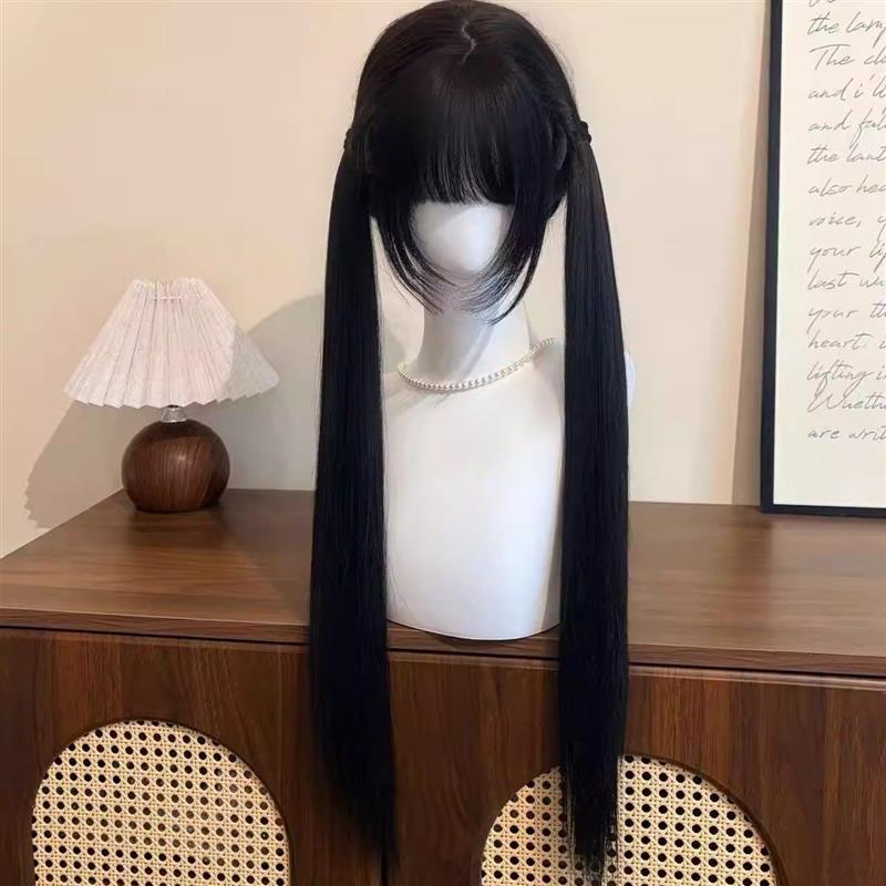 假发Lolita女85cm黑长直扎好双马尾假发自然蓬松日常减龄jk全头套