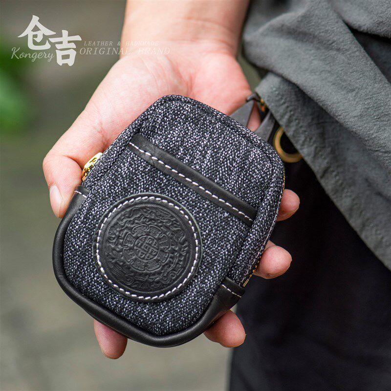 九宫文玩小腰包!仓吉手工烟包牛皮帆布零钱包复古手串核桃收纳包