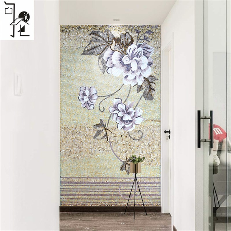 玻璃马赛克玄关背景墙拼图拼花瓷砖餐厅现代简约水仙花手工剪画
