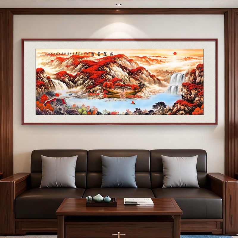 国画聚宝盆风景客厅沙发背景墙装饰画流水生财山水挂画办公室字画