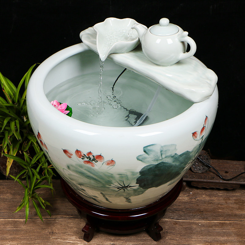 景德镇陶瓷鱼缸家用流水喷泉荷花缸大号养鱼盆锦鲤缸客厅加湿造景